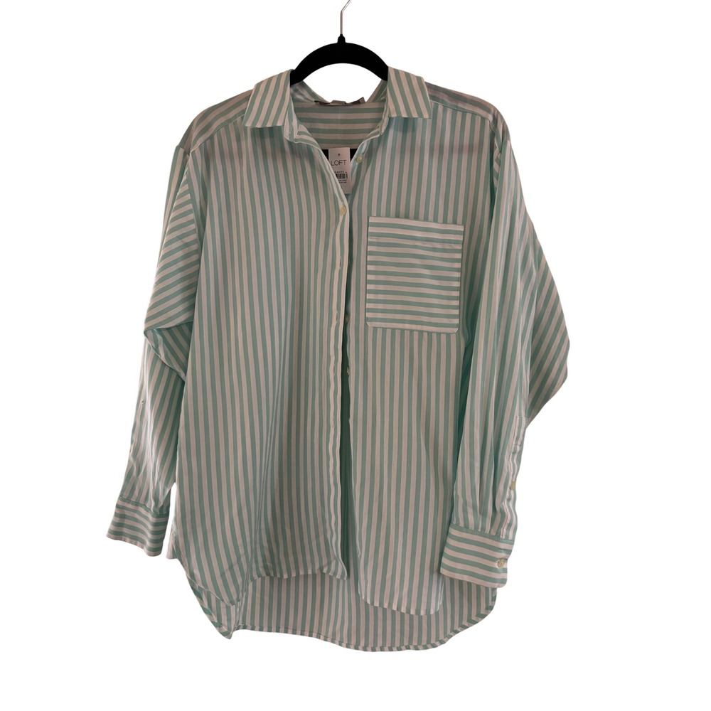 NWT LOFT Womens Aqua White Striped Cotton Button Down Shirt XS